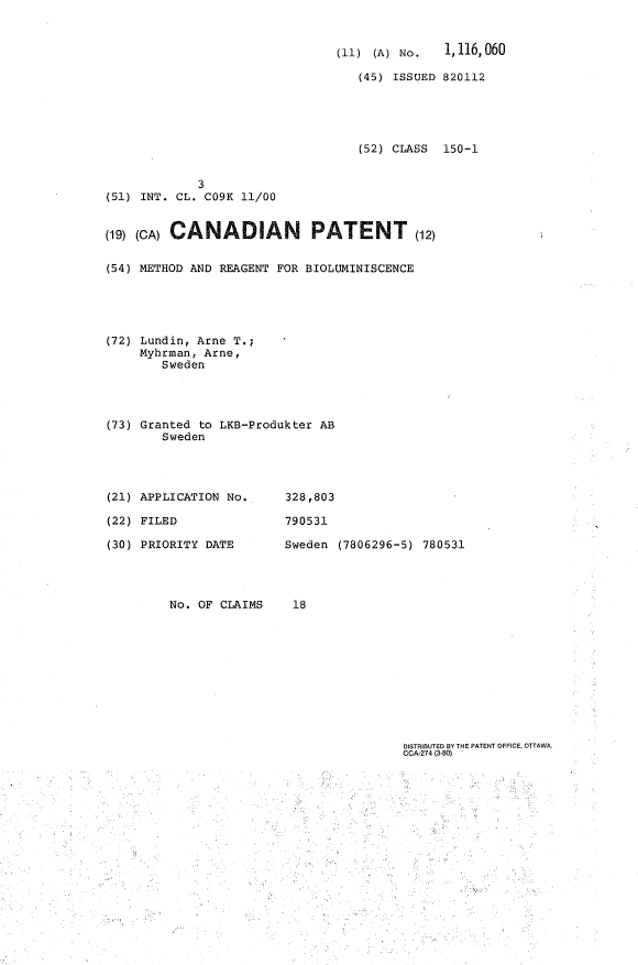 Canadian Patent Document 1116060. Cover Page 19940127. Image 1 of 1