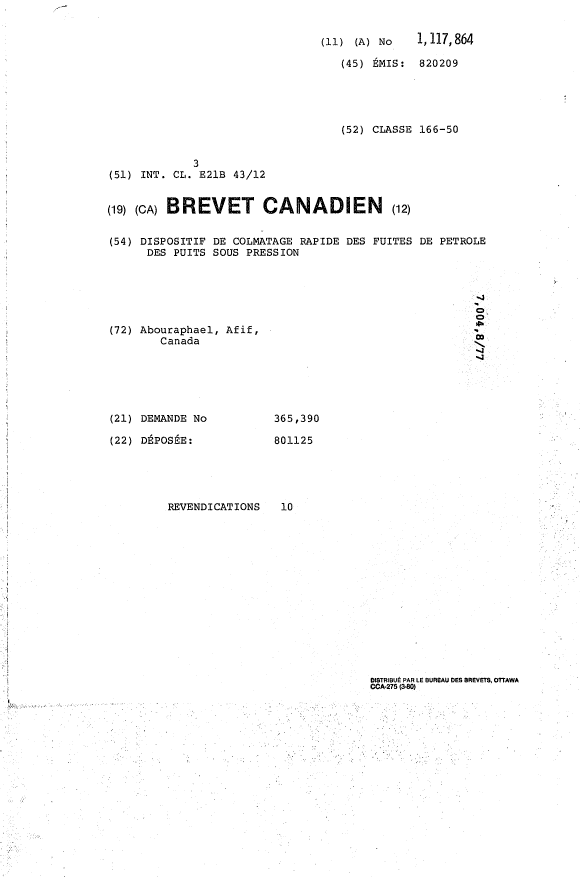 Document de brevet canadien 1117864. Page couverture 19940226. Image 1 de 1