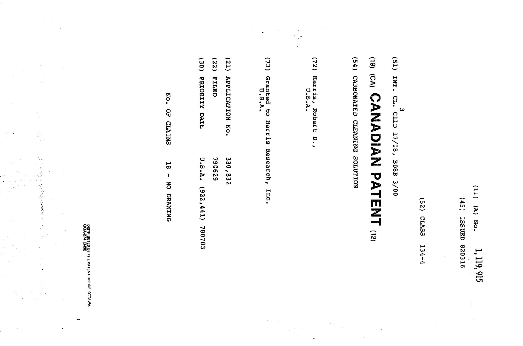 Canadian Patent Document 1119915. Cover Page 19940202. Image 1 of 1