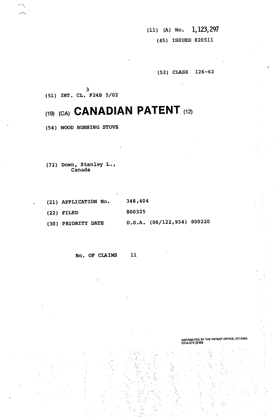 Canadian Patent Document 1123297. Cover Page 19940216. Image 1 of 1