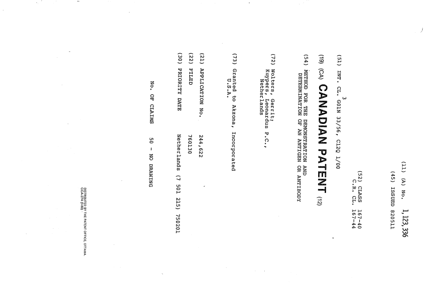 Document de brevet canadien 1123336. Page couverture 19940216. Image 1 de 1