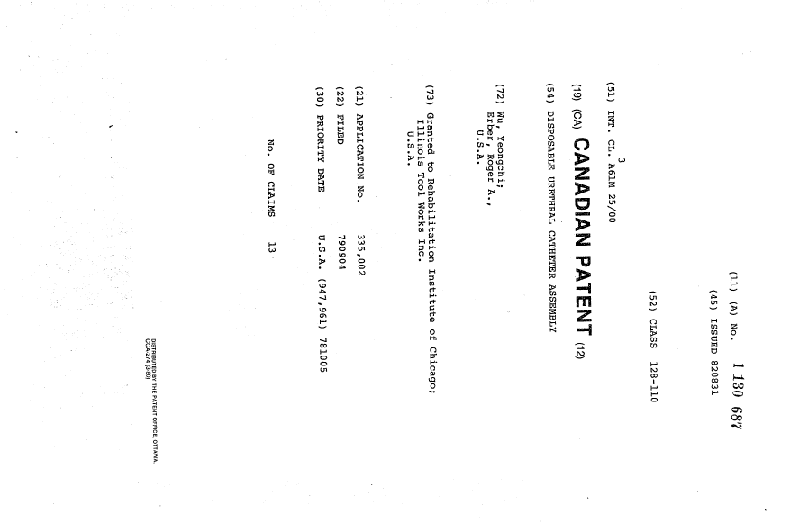 Canadian Patent Document 1130687. Cover Page 19940218. Image 1 of 1