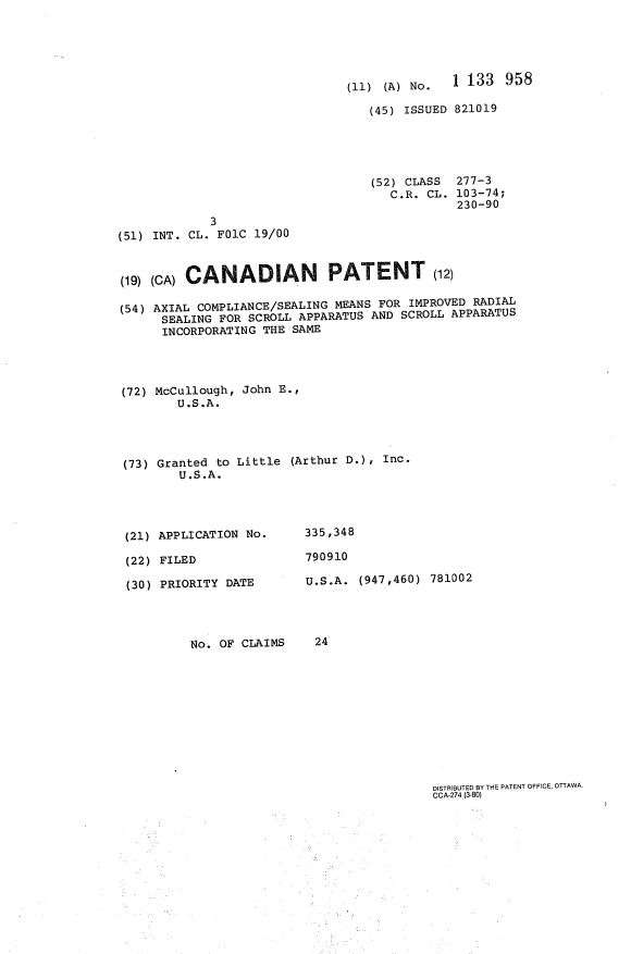 Canadian Patent Document 1133958. Cover Page 19940223. Image 1 of 1