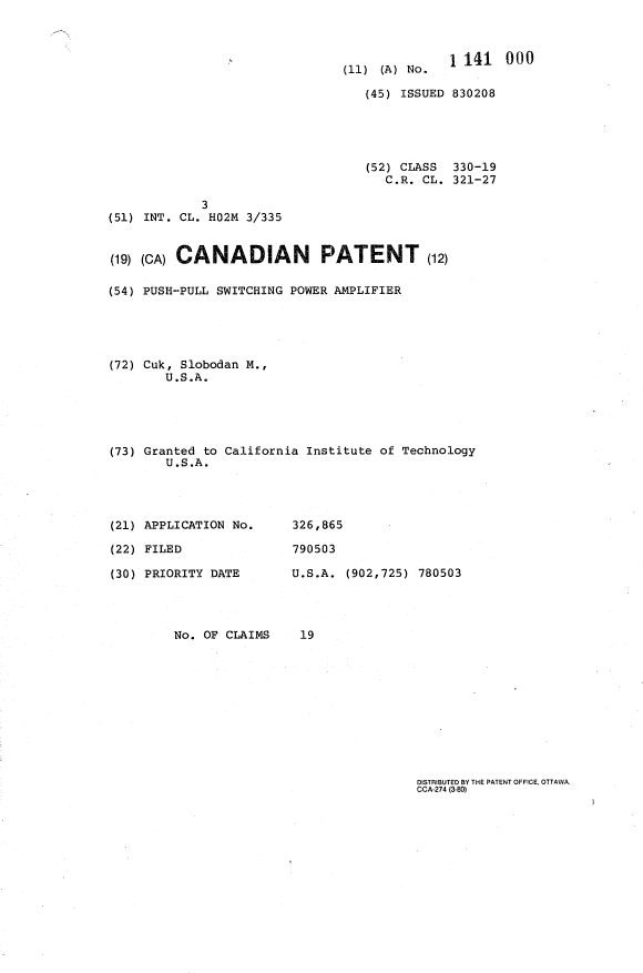 Document de brevet canadien 1141000. Page couverture 19940105. Image 1 de 1