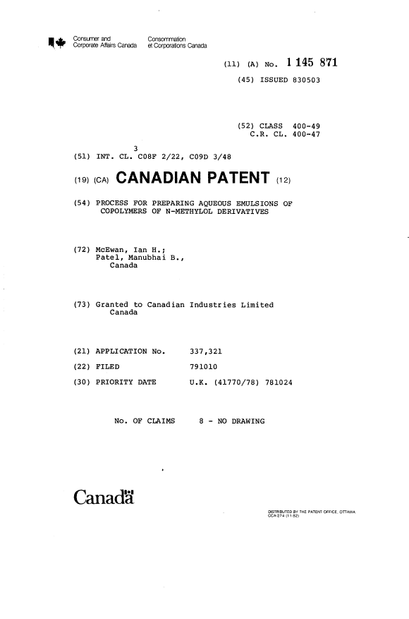 Document de brevet canadien 1145871. Page couverture 19940105. Image 1 de 1