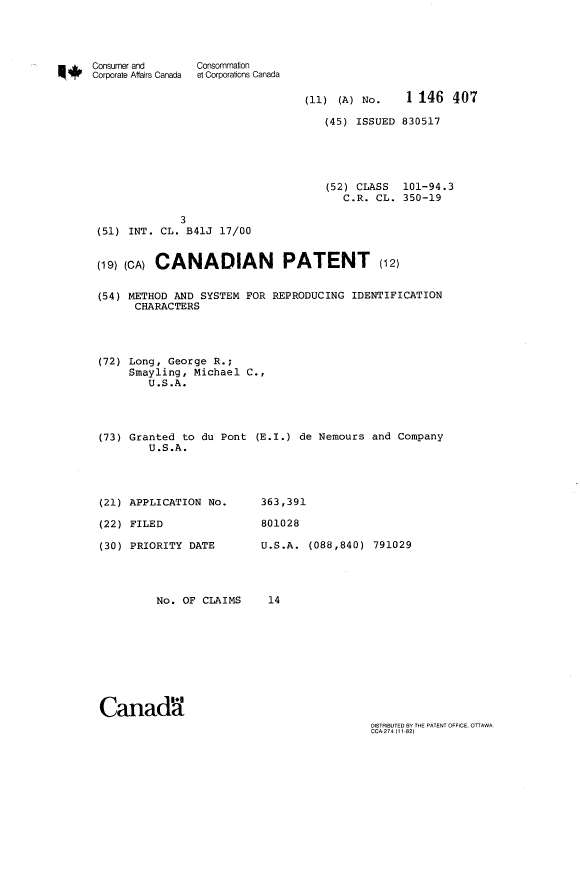 Document de brevet canadien 1146407. Page couverture 19940111. Image 1 de 1