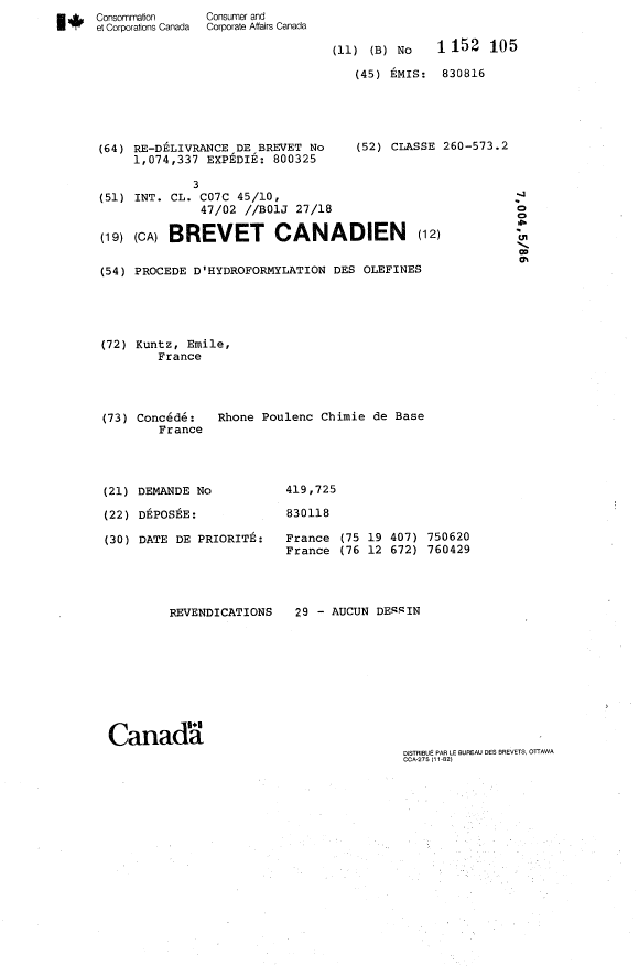 Document de brevet canadien 1152105. Page couverture 19940120. Image 1 de 1