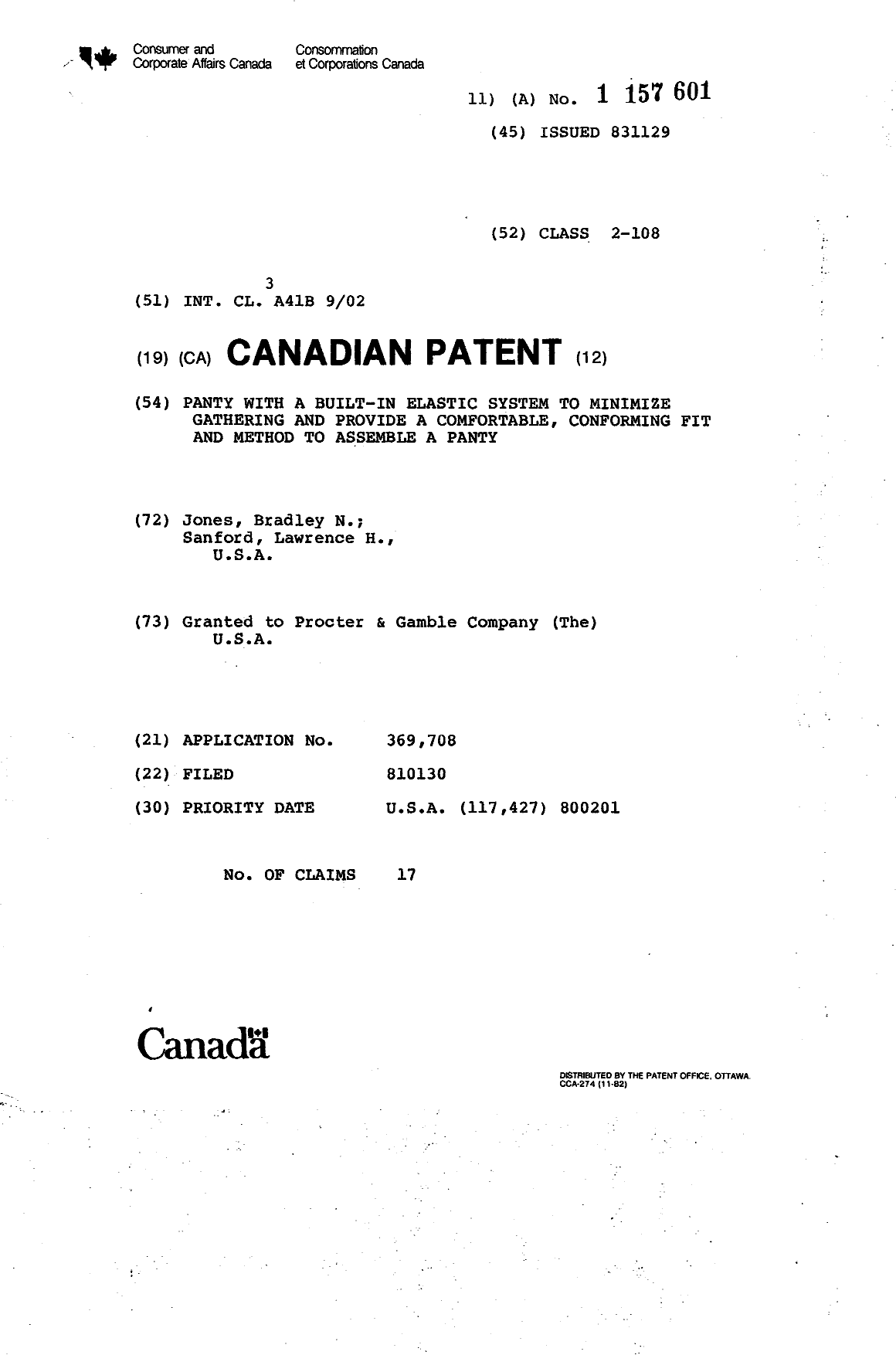 Canadian Patent Document 1157601. Cover Page 19940315. Image 1 of 1
