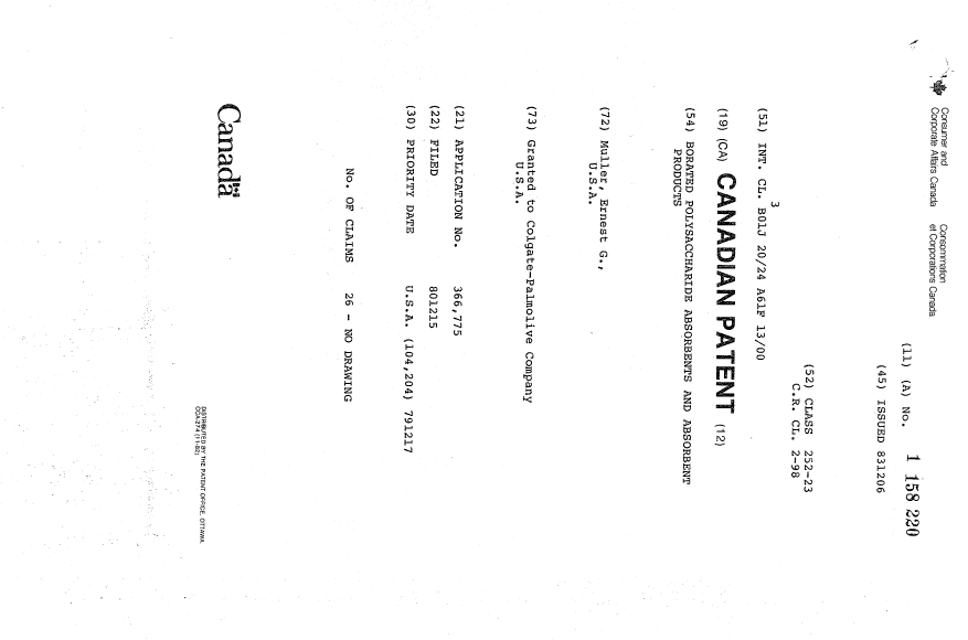 Document de brevet canadien 1158220. Page couverture 19940303. Image 1 de 1