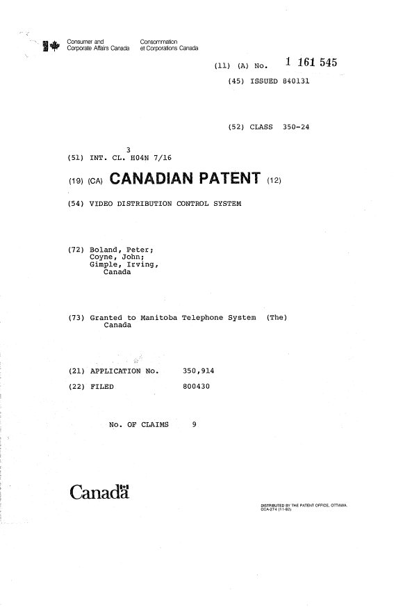 Document de brevet canadien 1161545. Page couverture 19931123. Image 1 de 1