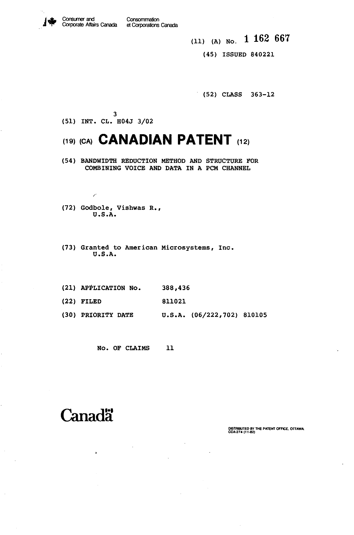 Canadian Patent Document 1162667. Cover Page 19931123. Image 1 of 1