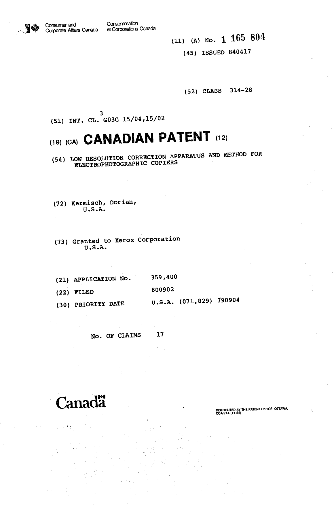 Document de brevet canadien 1165804. Page couverture 19931202. Image 1 de 1