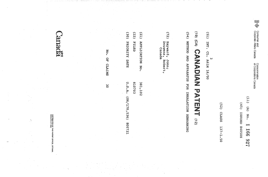Canadian Patent Document 1166927. Cover Page 19931202. Image 1 of 1
