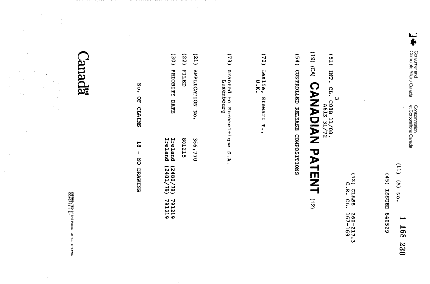 Document de brevet canadien 1168230. Page couverture 19931215. Image 1 de 1