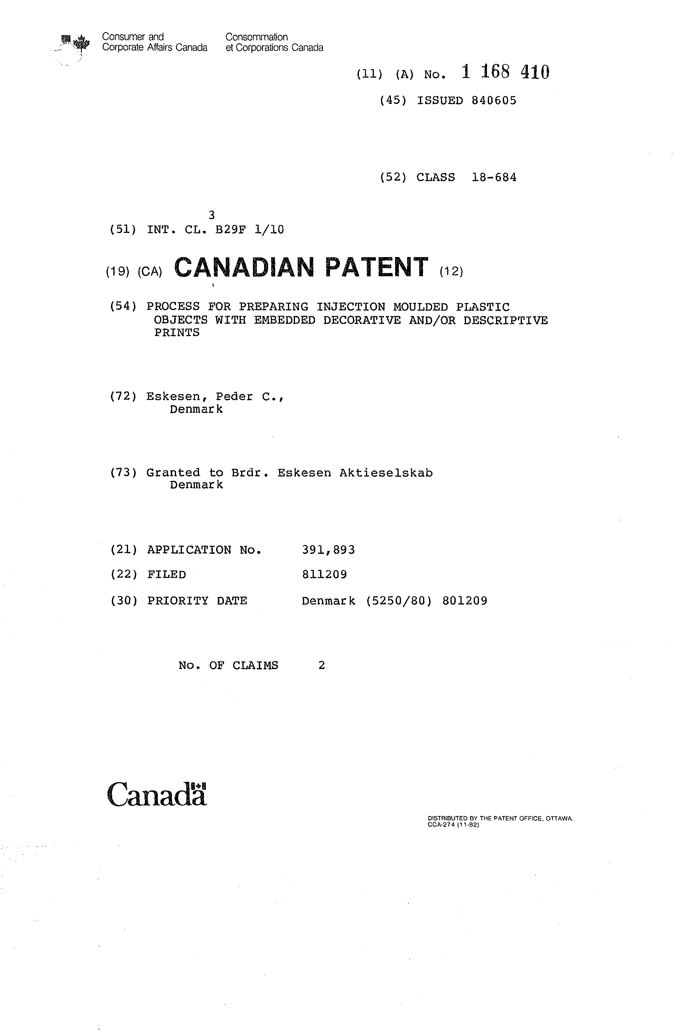 Canadian Patent Document 1168410. Cover Page 19931208. Image 1 of 1