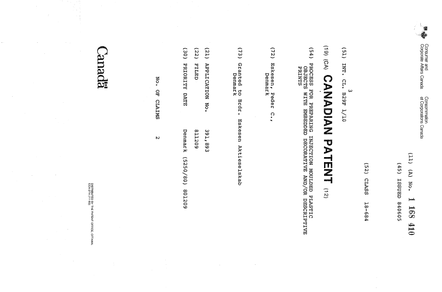 Document de brevet canadien 1168410. Page couverture 19931208. Image 1 de 1