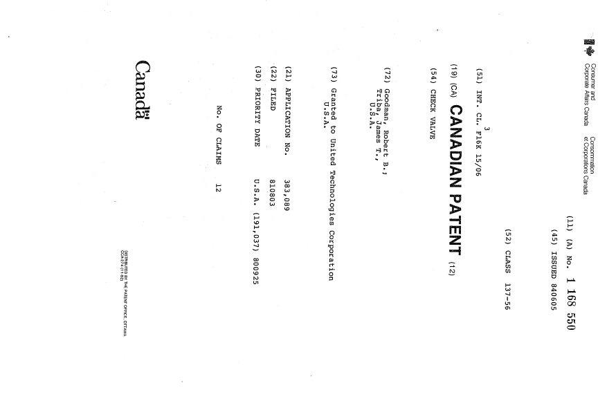 Document de brevet canadien 1168550. Page couverture 19931208. Image 1 de 1