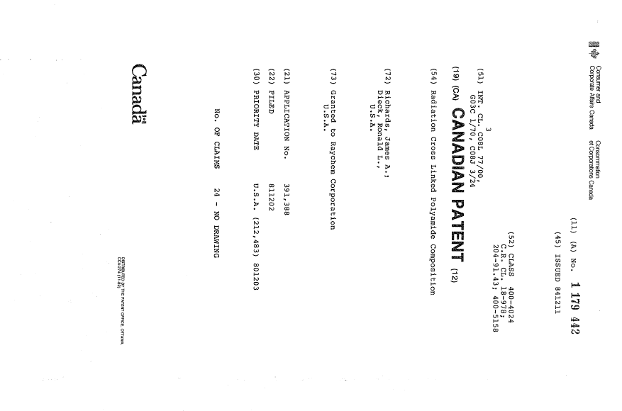 Document de brevet canadien 1179442. Page couverture 19931217. Image 1 de 1