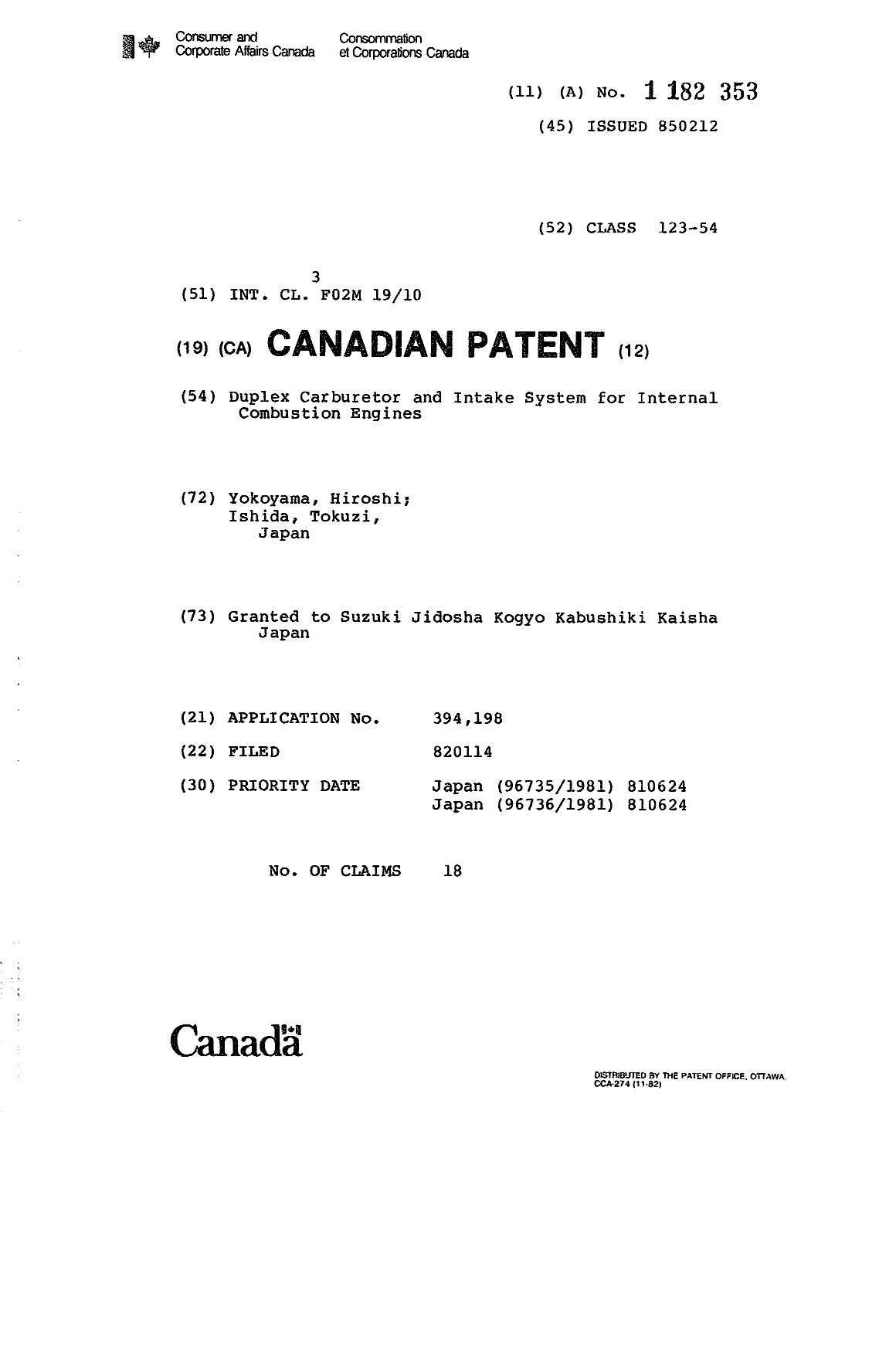 Document de brevet canadien 1182353. Page couverture 19931030. Image 1 de 1