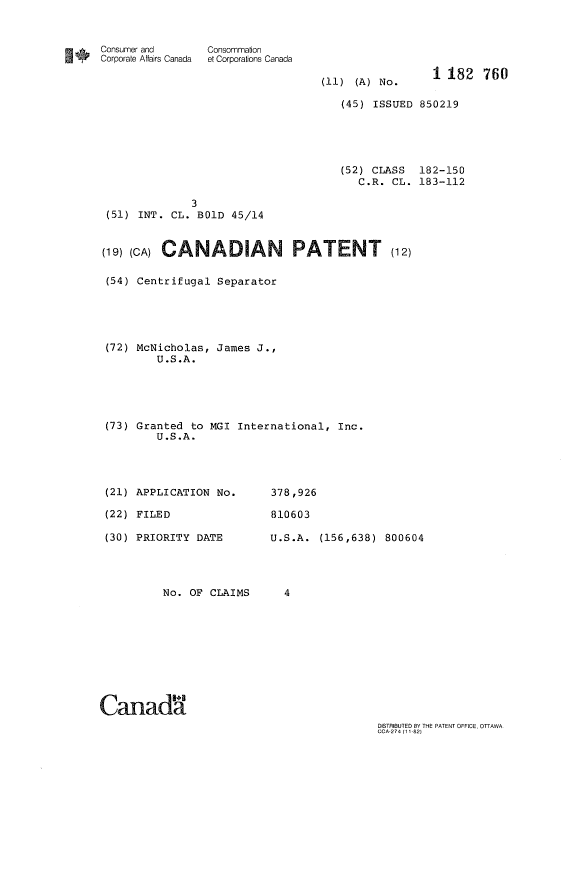 Canadian Patent Document 1182760. Cover Page 19931027. Image 1 of 1