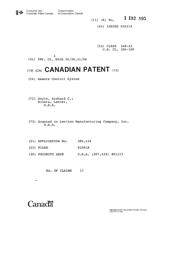 Canadian Patent Document 1182895. Cover Page 19931030. Image 1 of 1