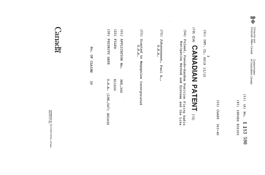 Document de brevet canadien 1183590. Page couverture 19930608. Image 1 de 1