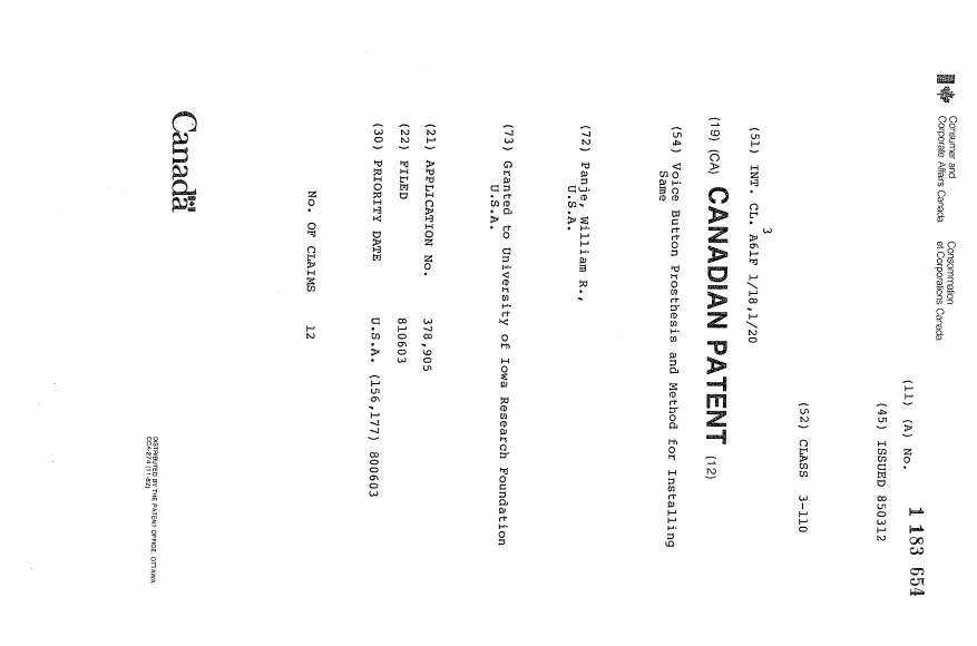 Document de brevet canadien 1183654. Page couverture 19931018. Image 1 de 1