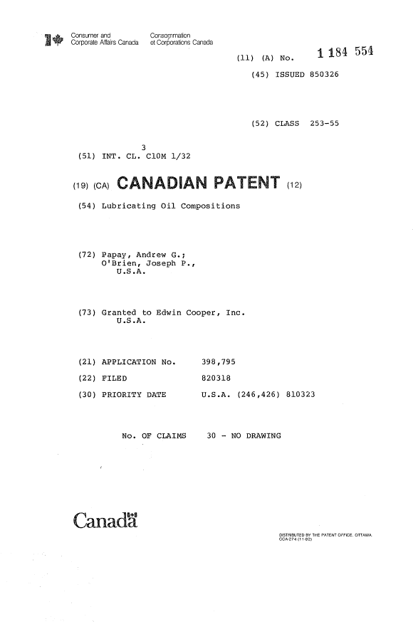 Document de brevet canadien 1184554. Page couverture 19931031. Image 1 de 1
