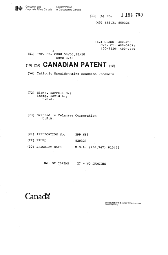 Document de brevet canadien 1184700. Page couverture 19931031. Image 1 de 1