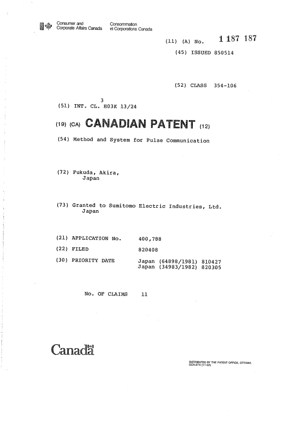 Document de brevet canadien 1187187. Page couverture 19931115. Image 1 de 1