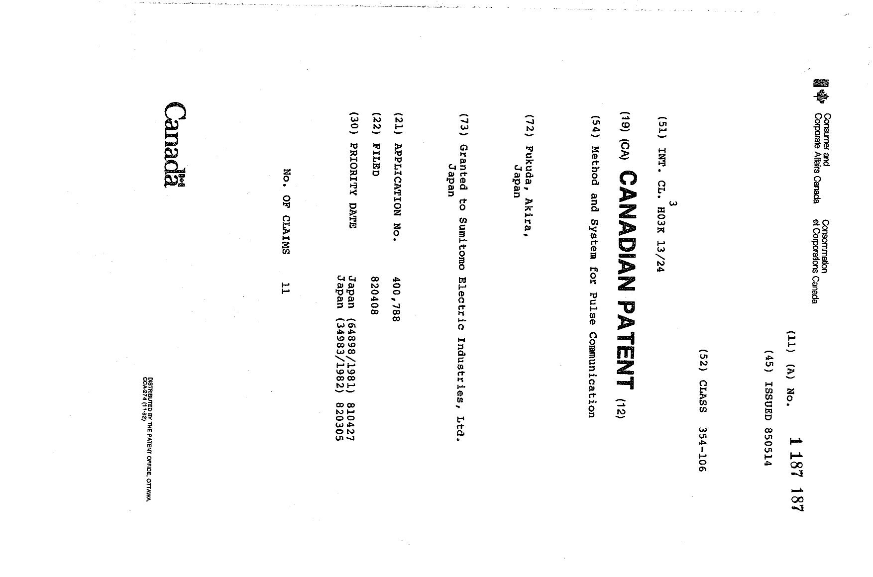 Canadian Patent Document 1187187. Cover Page 19931115. Image 1 of 1