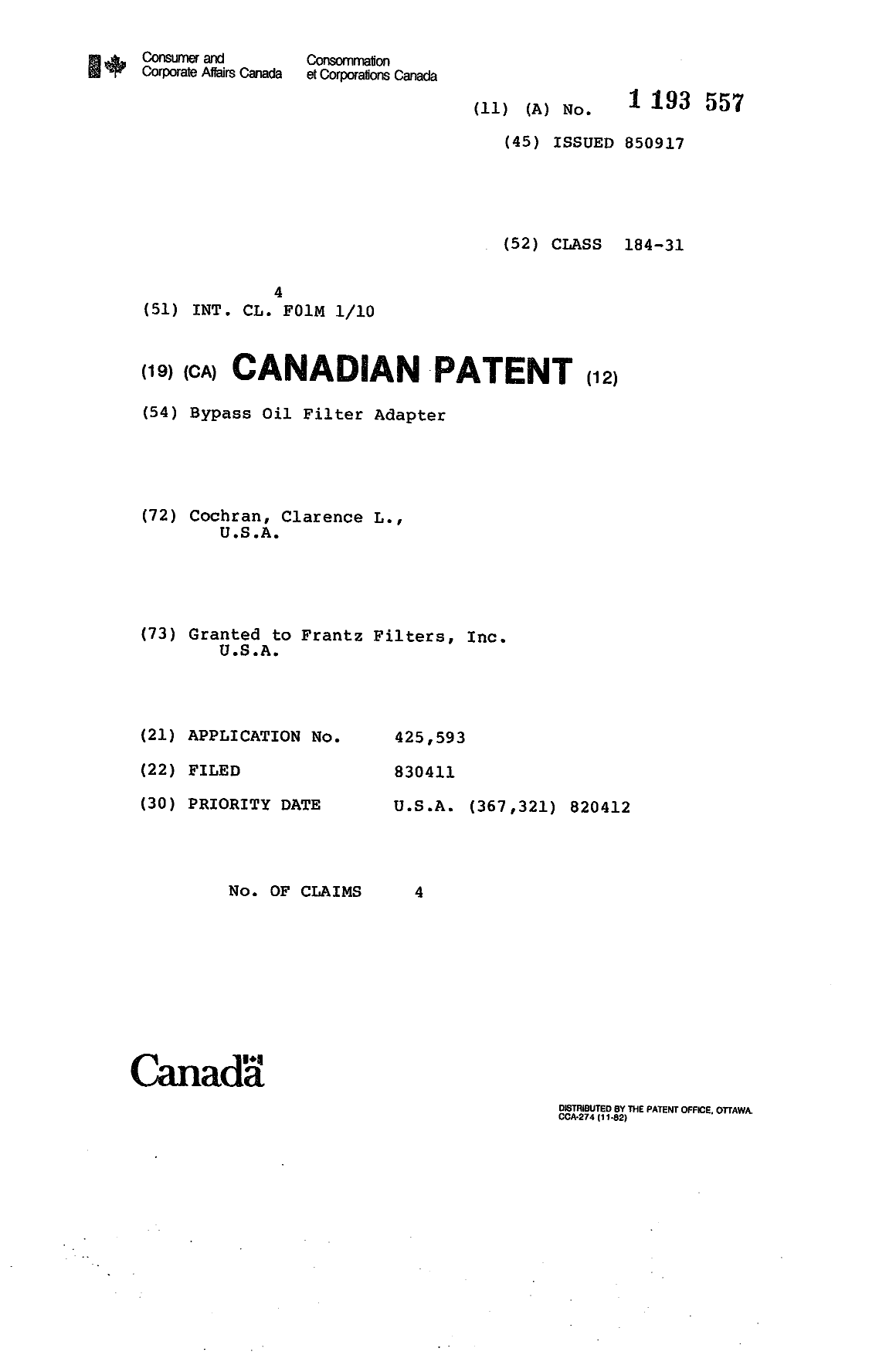 Canadian Patent Document 1193557. Cover Page 19930705. Image 1 of 1