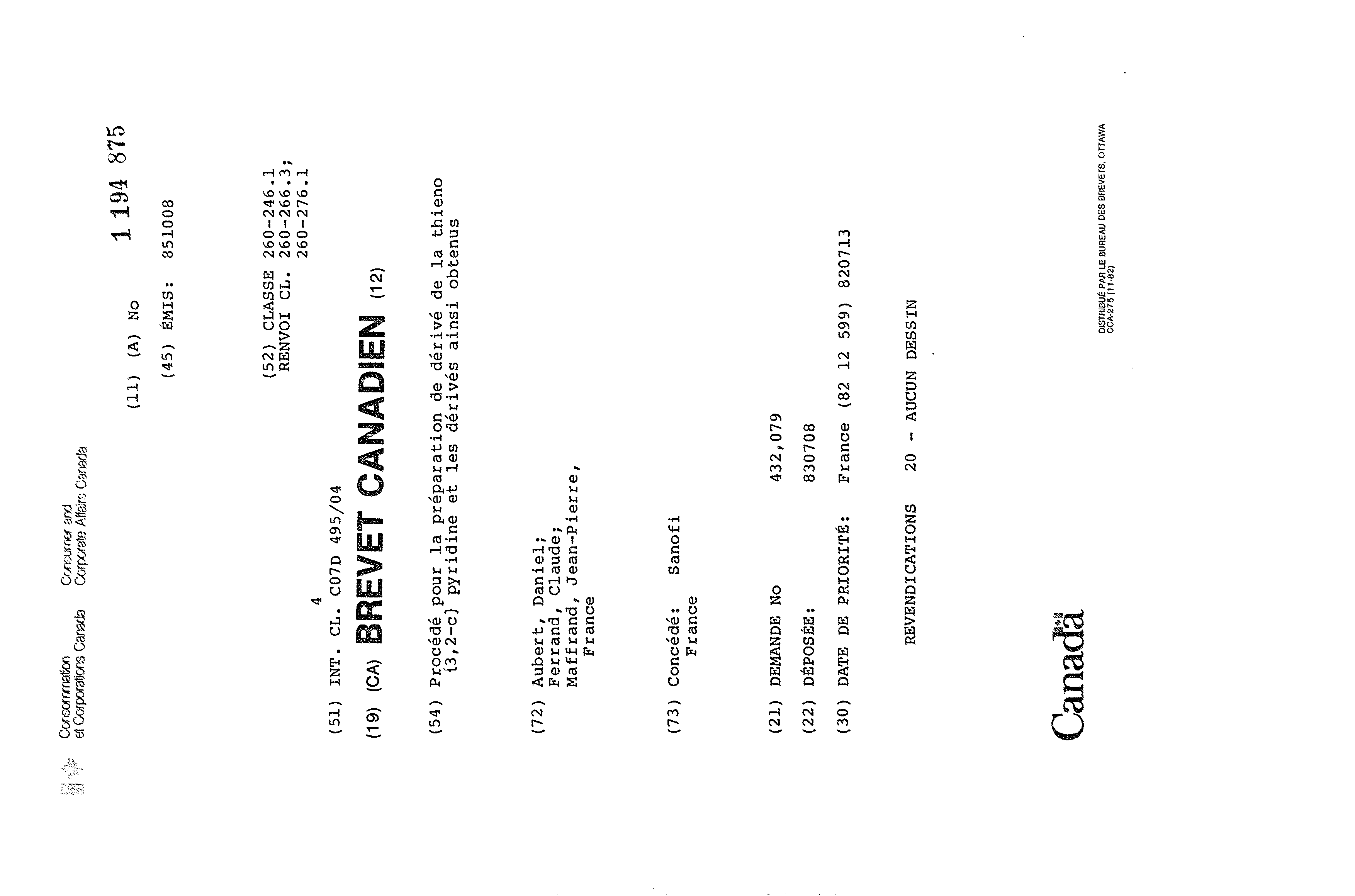 Document de brevet canadien 1194875. Page couverture 19921218. Image 1 de 1