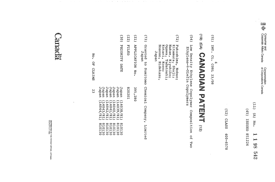 Document de brevet canadien 1198542. Page couverture 19930622. Image 1 de 1