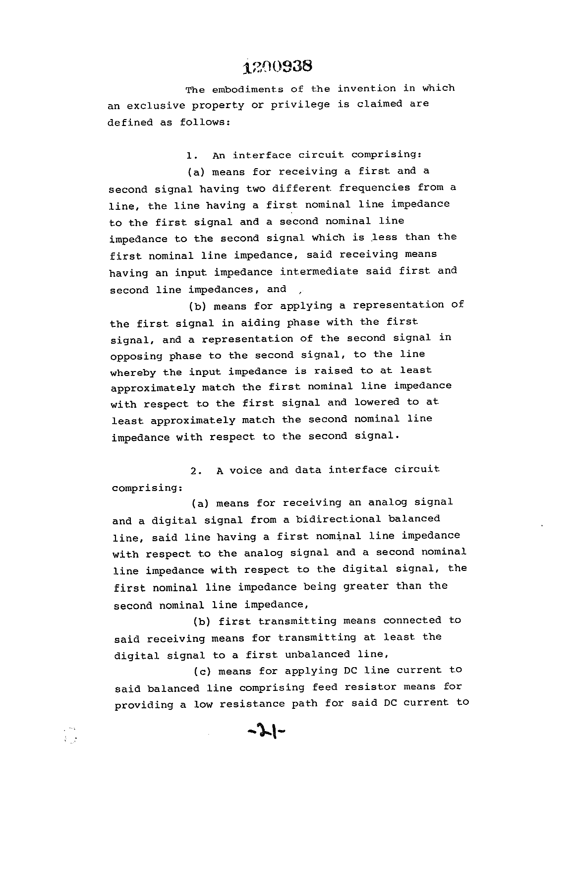 Document de brevet canadien 1200938. Revendications 19921223. Image 1 de 8