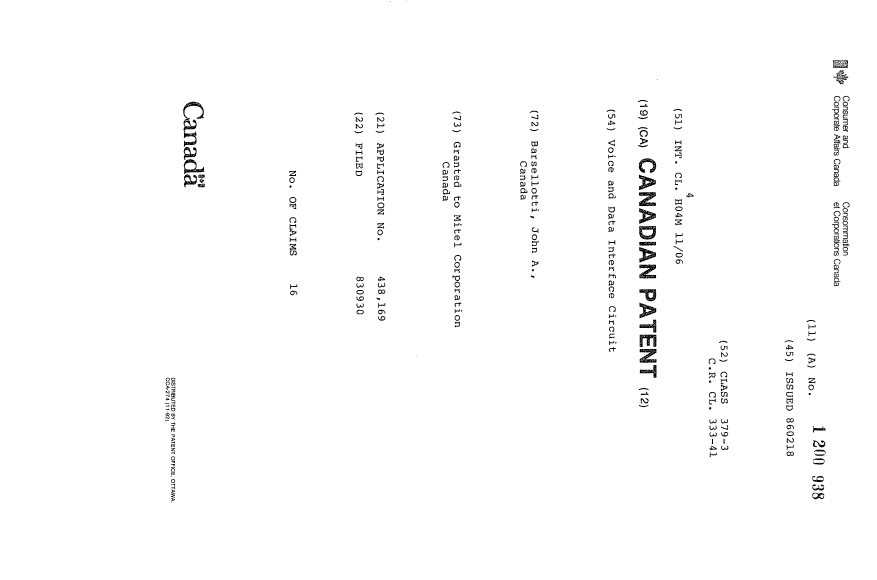 Canadian Patent Document 1200938. Cover Page 19930623. Image 1 of 1