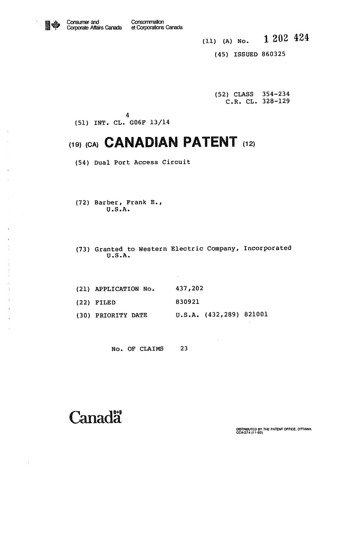 Canadian Patent Document 1202424. Cover Page 19930705. Image 1 of 1
