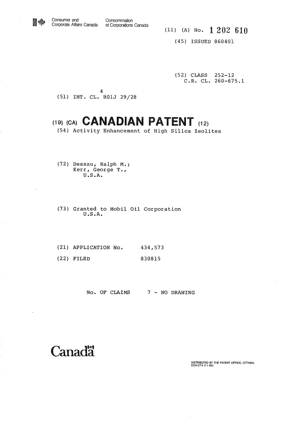 Canadian Patent Document 1202610. Cover Page 19930624. Image 1 of 1