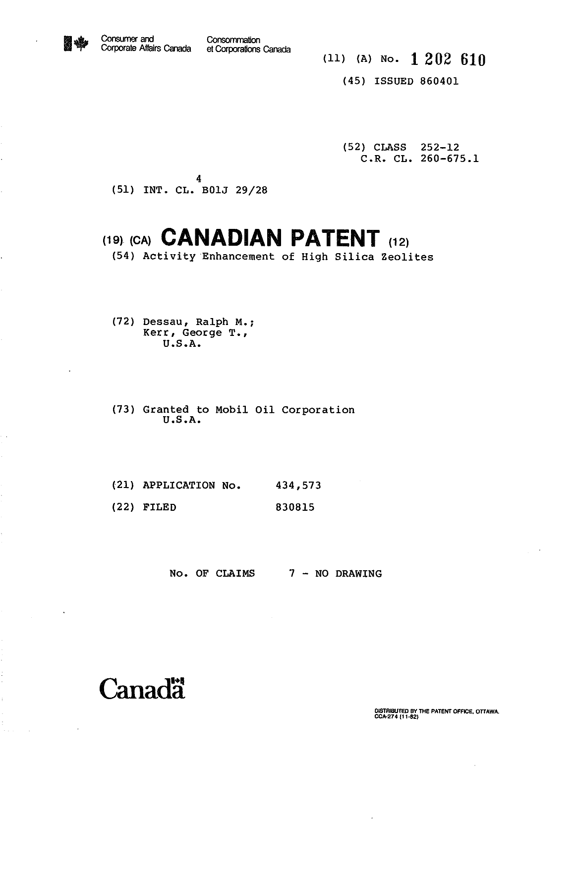 Document de brevet canadien 1202610. Page couverture 19930624. Image 1 de 1