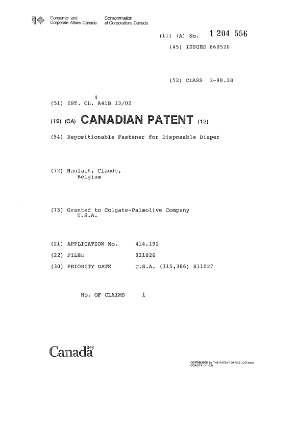 Document de brevet canadien 1204556. Page couverture 19930705. Image 1 de 1