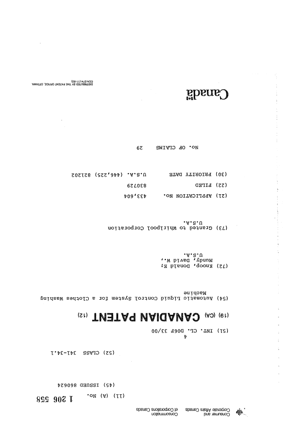 Canadian Patent Document 1206558. Cover Page 19930628. Image 1 of 1