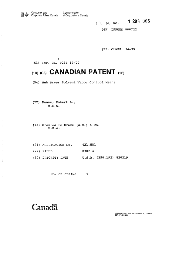 Canadian Patent Document 1208005. Cover Page 19930629. Image 1 of 1