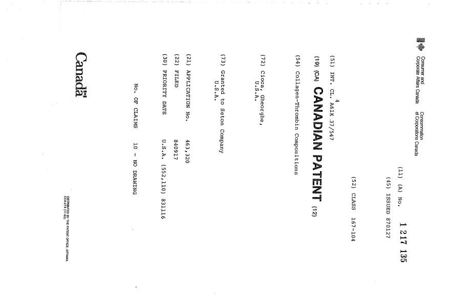 Document de brevet canadien 1217135. Page couverture 19930713. Image 1 de 1