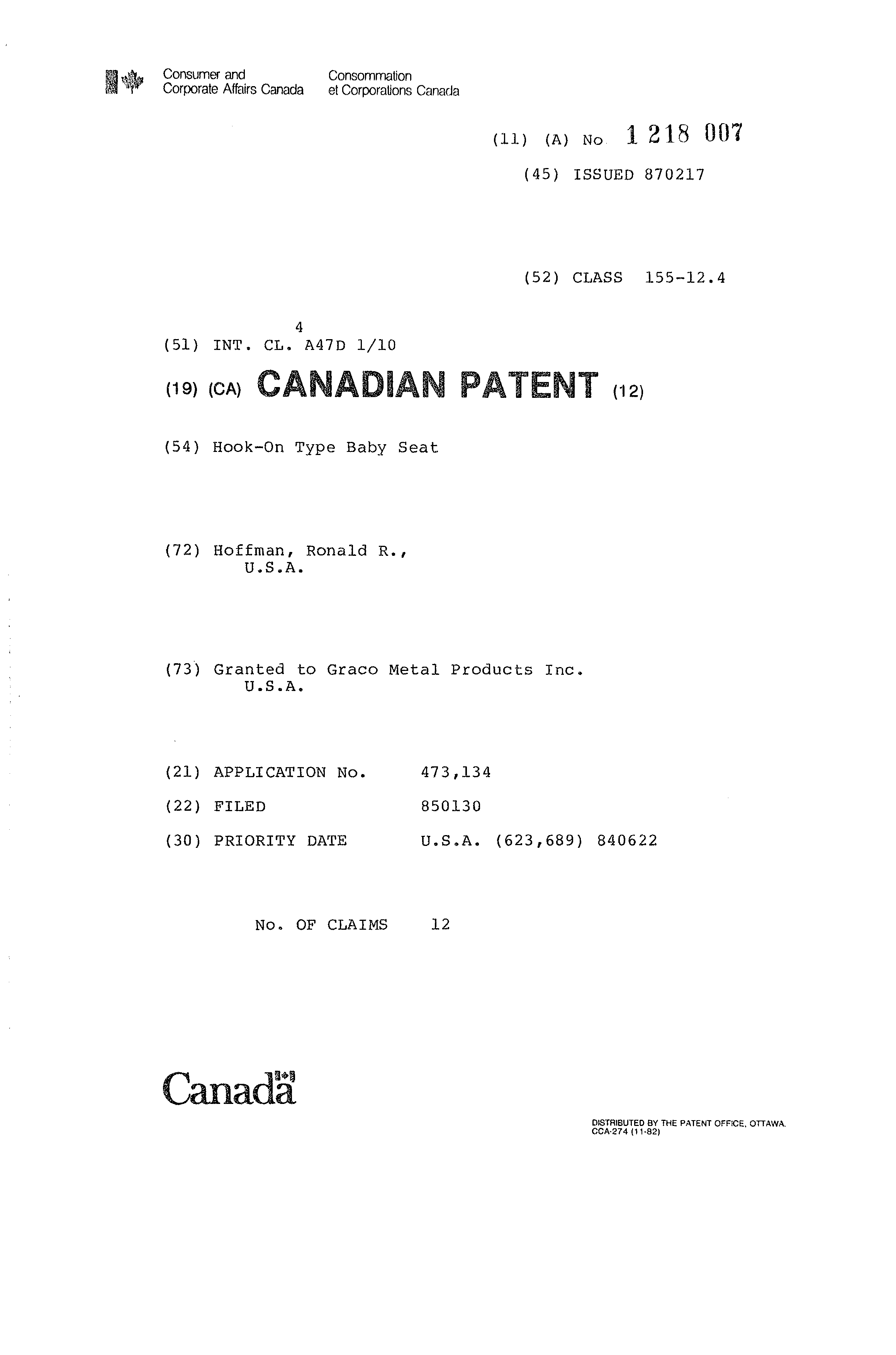 Canadian Patent Document 1218007. Cover Page 19930924. Image 1 of 1