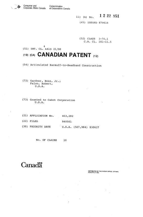 Document de brevet canadien 1222851. Page couverture 19930726. Image 1 de 1