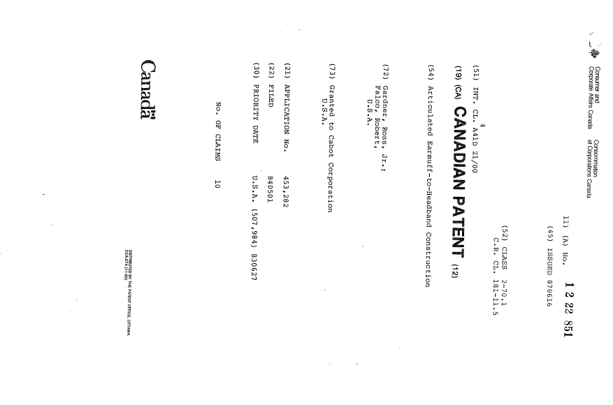 Canadian Patent Document 1222851. Cover Page 19930726. Image 1 of 1