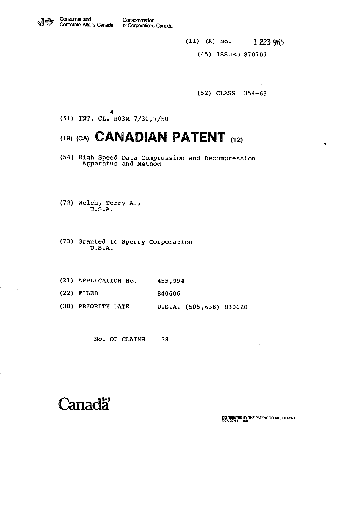 Document de brevet canadien 1223965. Page couverture 19921230. Image 1 de 1