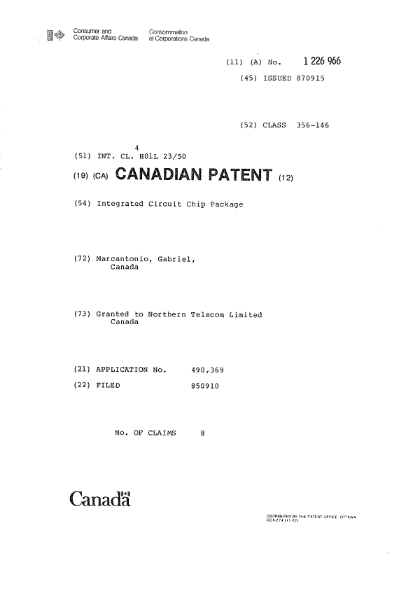Canadian Patent Document 1226966. Cover Page 19930727. Image 1 of 1