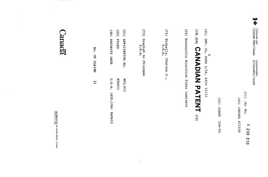 Canadian Patent Document 1230810. Cover Page 19930728. Image 1 of 1