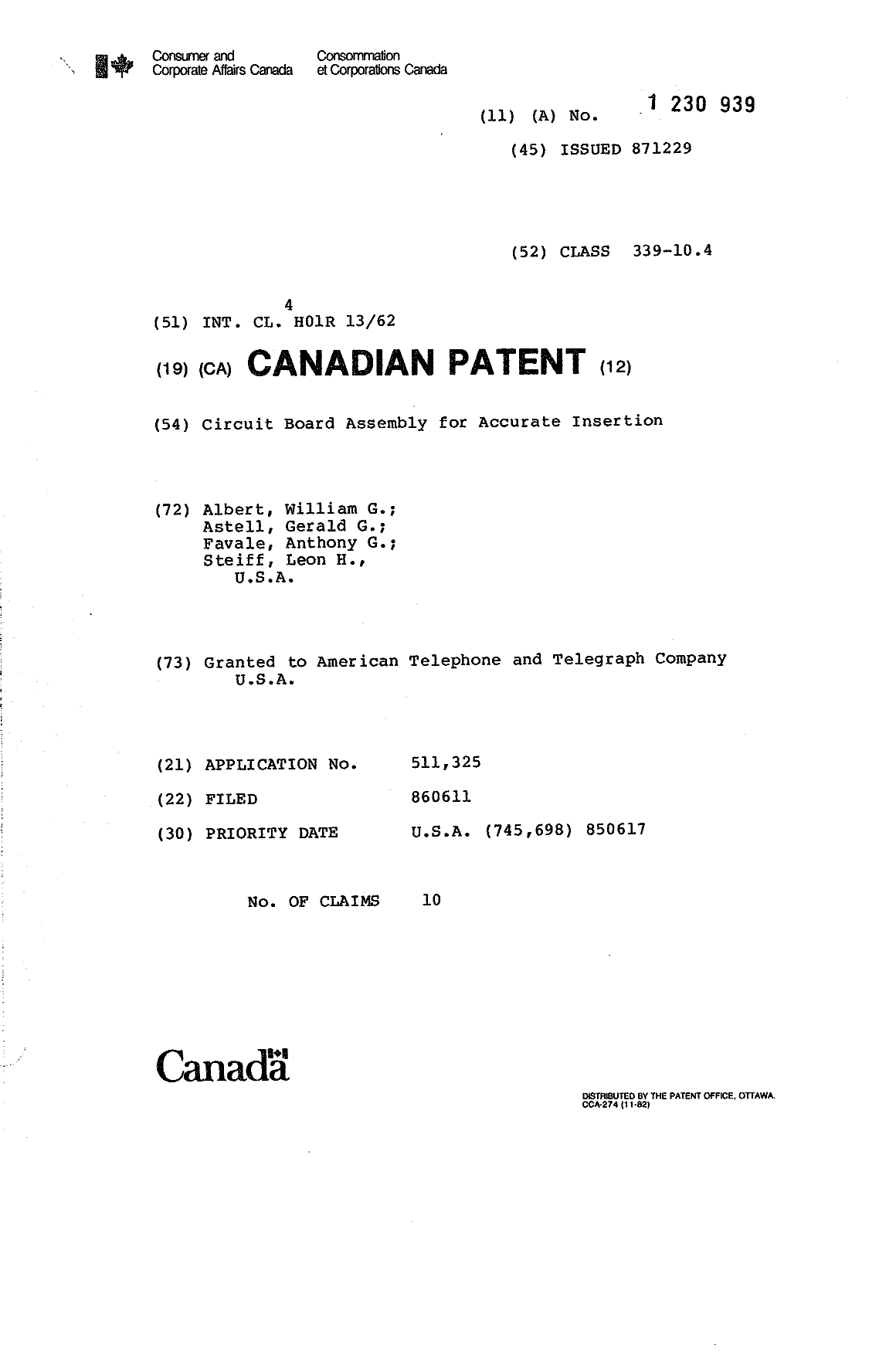 Canadian Patent Document 1230939. Cover Page 19930928. Image 1 of 1